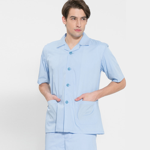 반팔 TC45수 스판덱스(화이트/스카이블루) 식품공장 반팔 위생 미화 셔츠 작업복 위생복 (남/여)